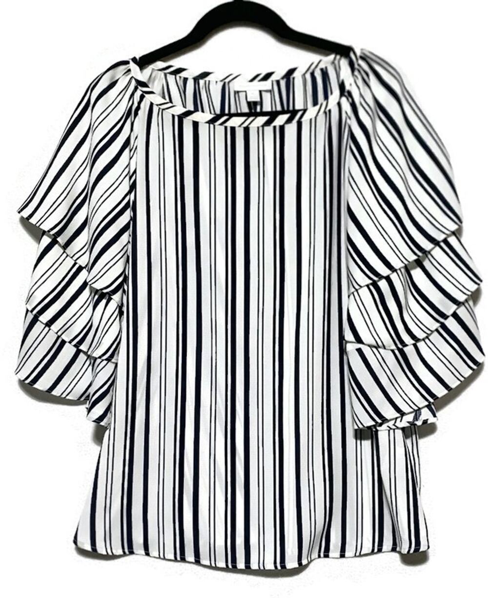 Charter Club Women's XL Blue White Striped Pullover Tunic Top Flutter Sleeves